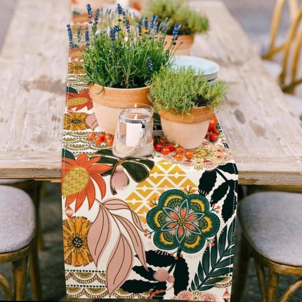 Colorful Floral and Plants Table Runner, 90” long